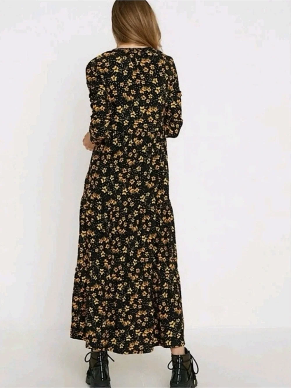 Free People Tiers of Joy Midi Dress Yellow Floral Print on Black Size Small